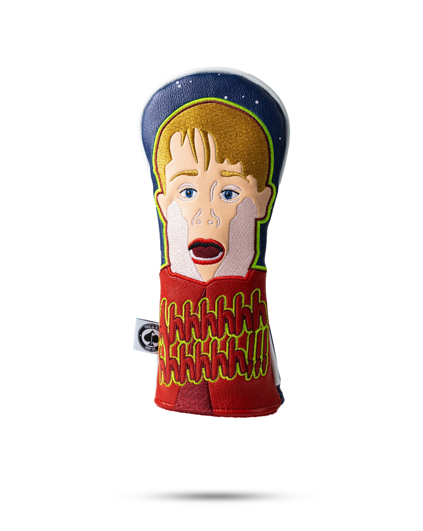 Bold golf headcover featuring a cartoon character with a shocked expression, designed to add fun to your golf game.