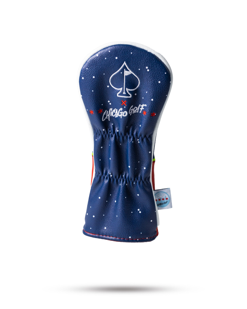 Bold navy golf headcover featuring a spade logo and "Chicago Golf" text, designed to protect and style your clubs.