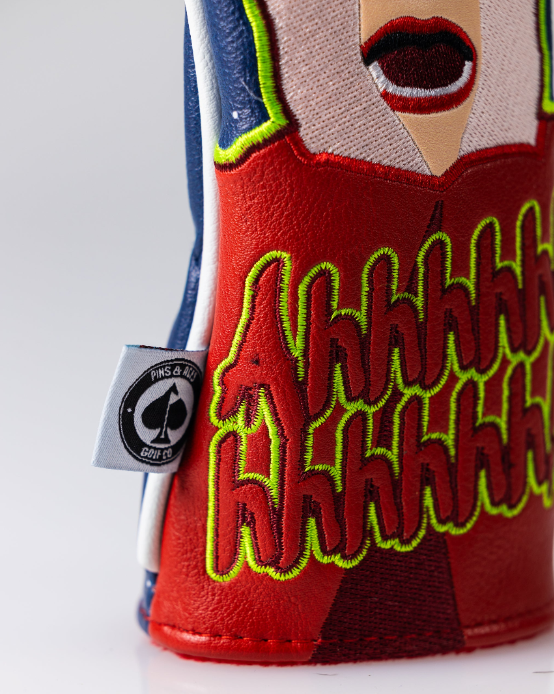 Bold golf headcover featuring a vibrant design with the word "Ahhhhh" in bright colors, perfect for standout style on the course.