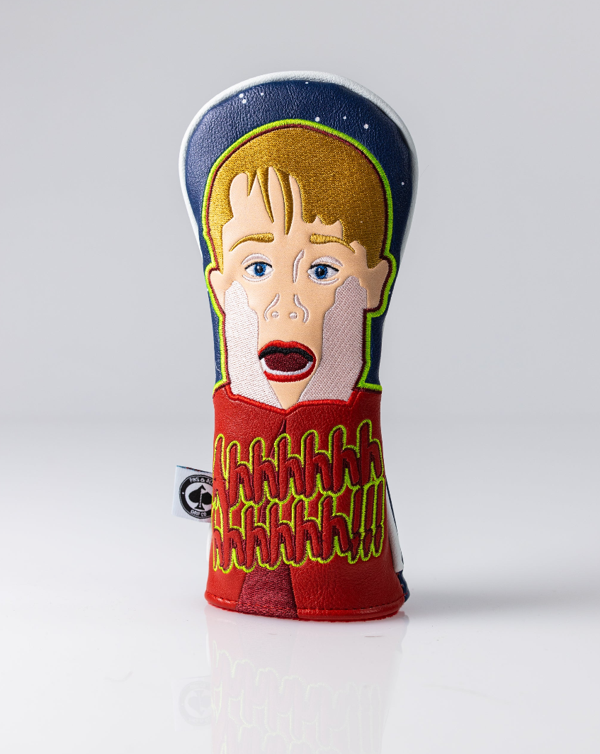 Bold golf headcover featuring a cartoon character with a shocked expression, designed to add personality to your golf bag.