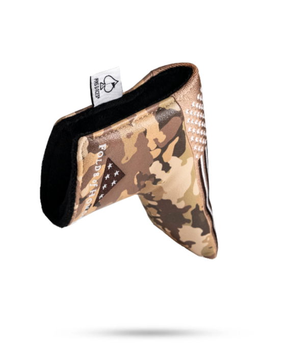 Camouflage blade putter cover featuring Folds of Honor branding, designed for golfers seeking unique and stylish accessories.