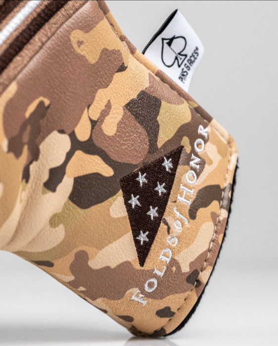 Camouflage blade putter cover featuring the Folds of Honor logo, designed for golfers seeking unique and stylish accessories.