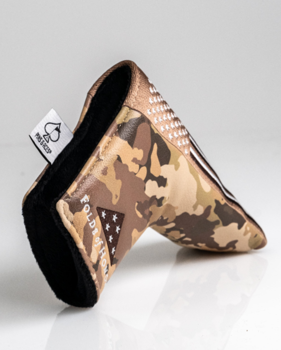 Camouflage blade putter cover featuring Folds of Honor branding, designed for golfers seeking unique accessories.