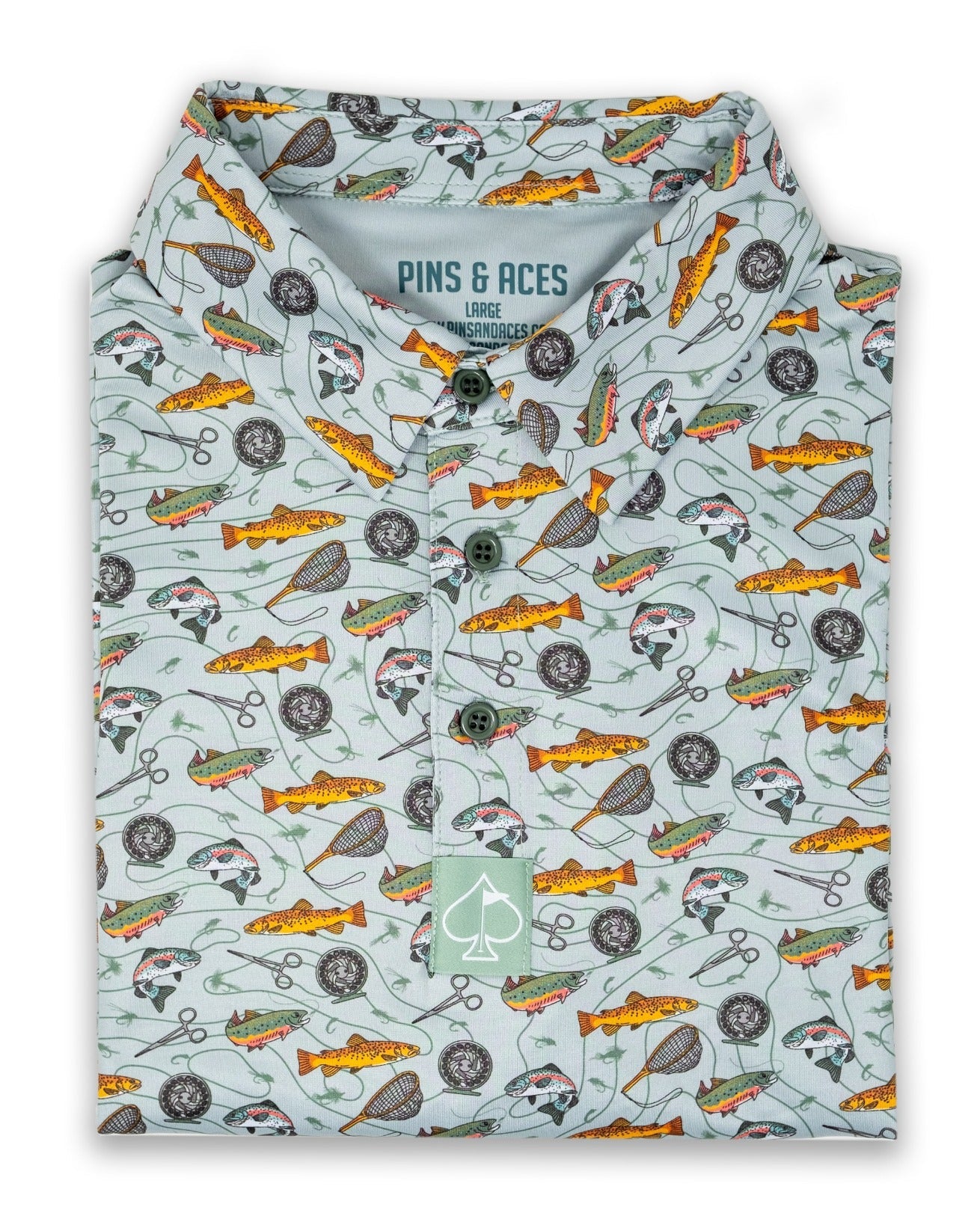 Light blue golf shirt featuring a playful fish and fishing gear pattern, designed for bold style on the course.