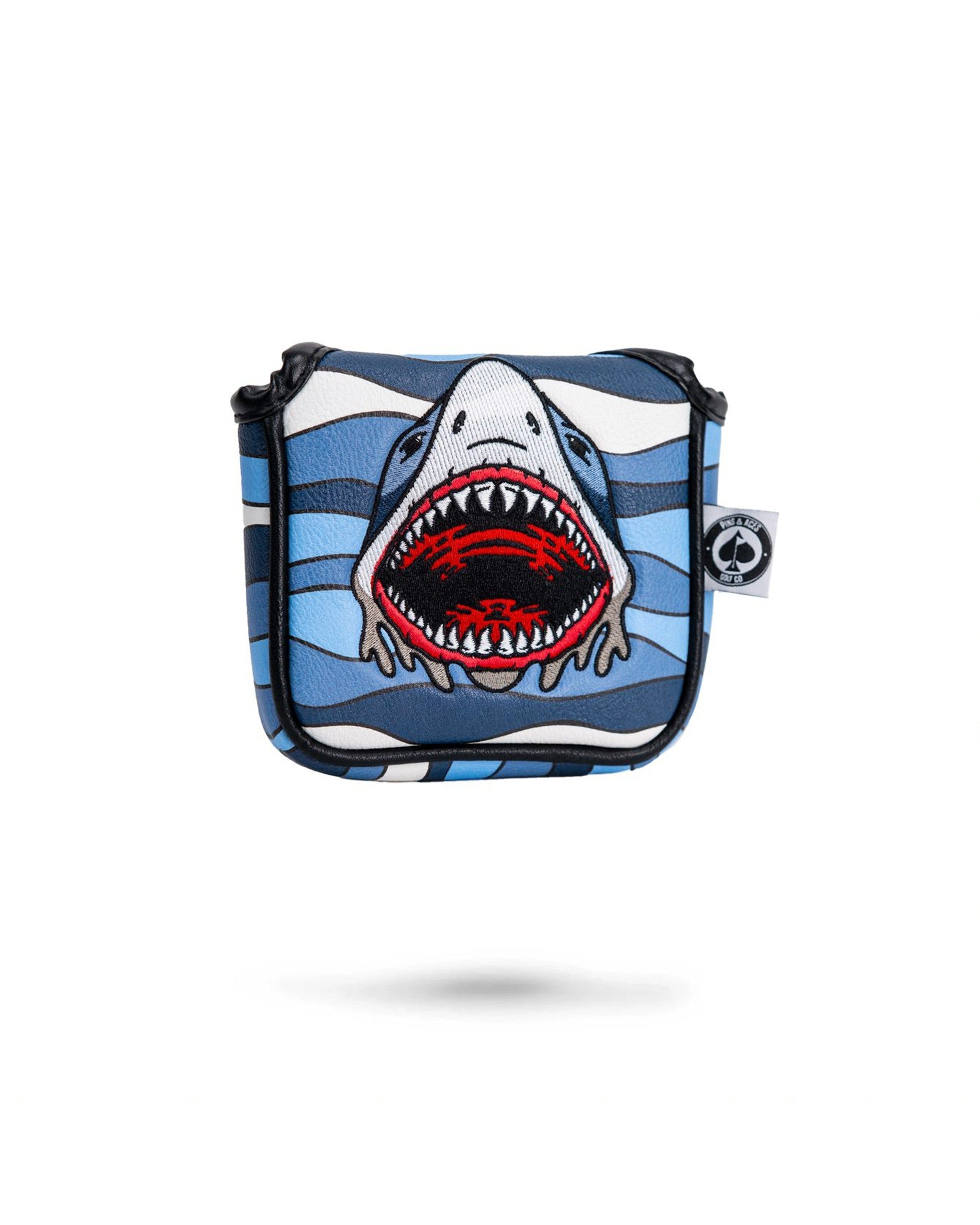 Bold mallet putter cover featuring a shark design with an open mouth and vibrant colors, perfect for standout golf style.