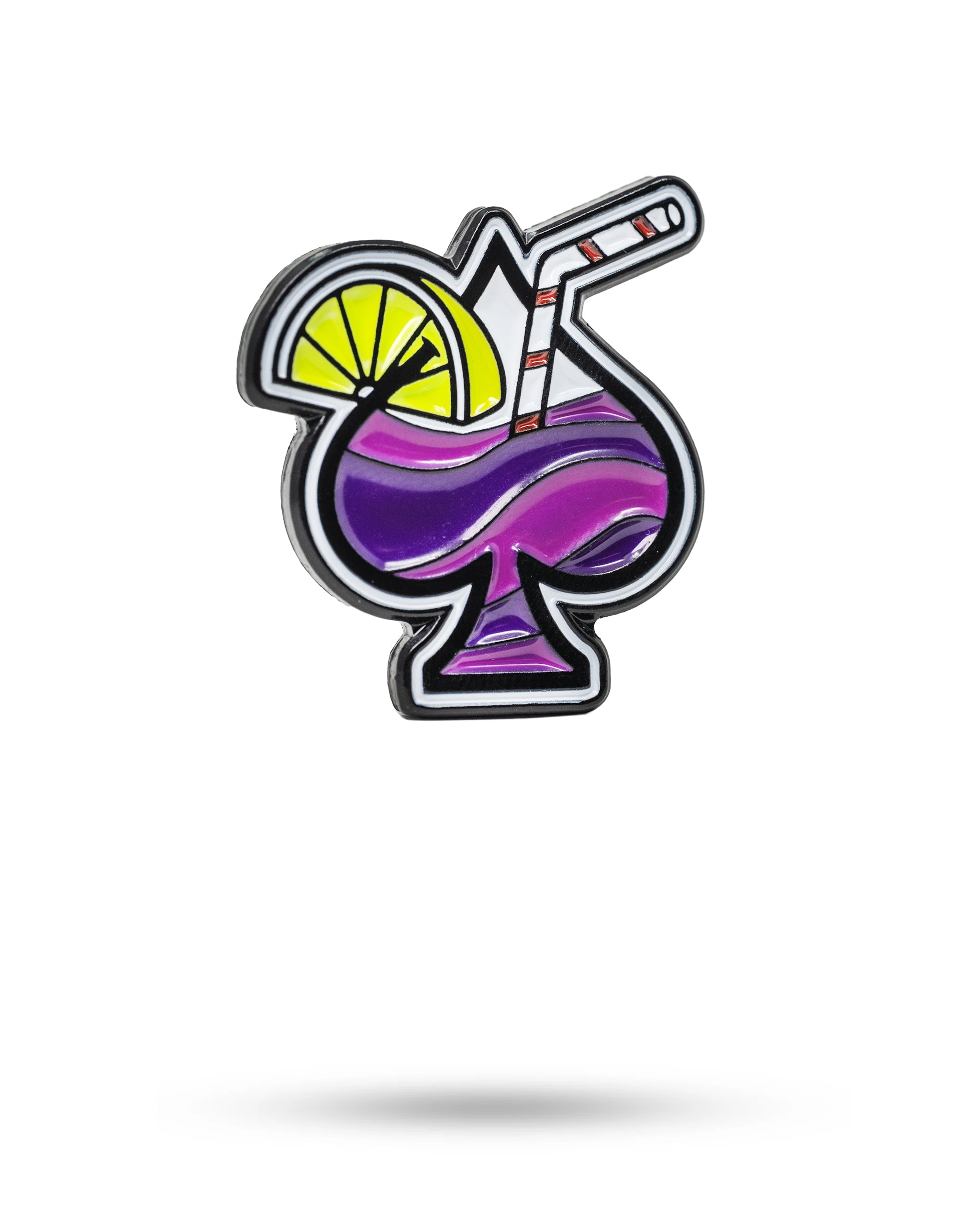 Colorful spade-shaped ball marker featuring a cocktail design with a lemon slice and straw, perfect for stylish golfers.
