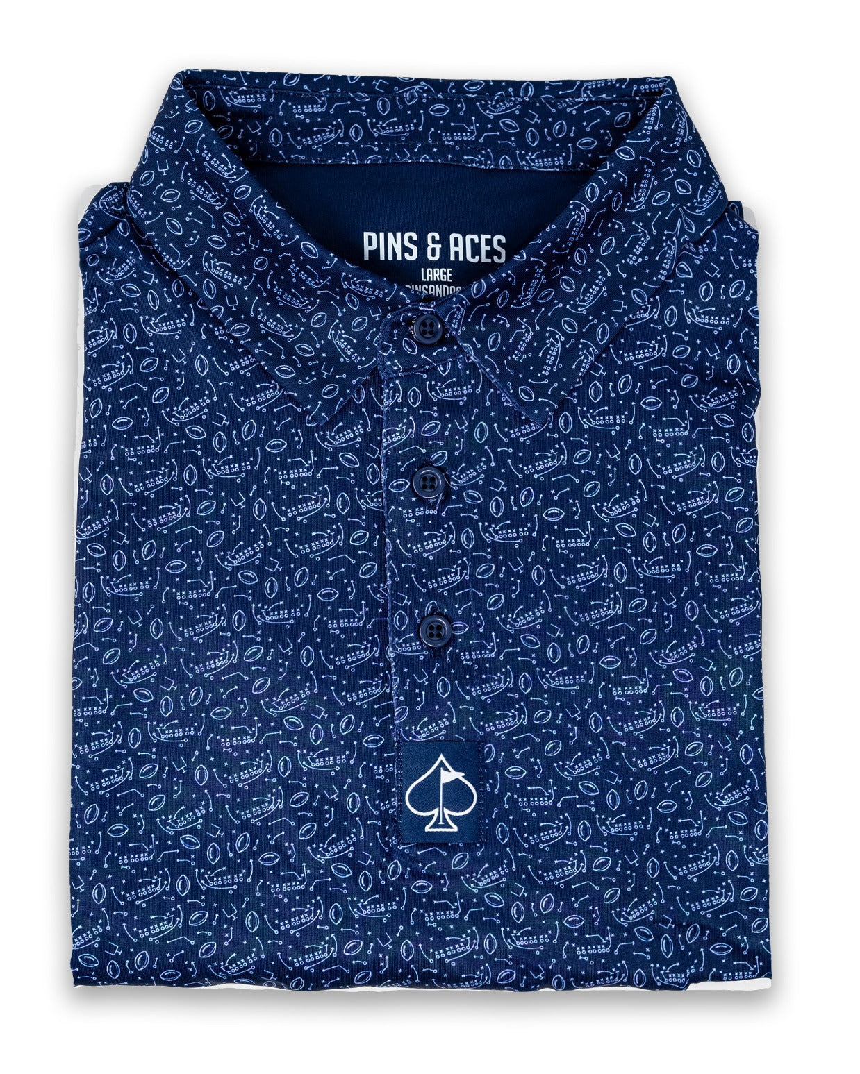 Youth Playmaker golf shirt in navy featuring a playful pattern and the Pins and Aces logo on the front.