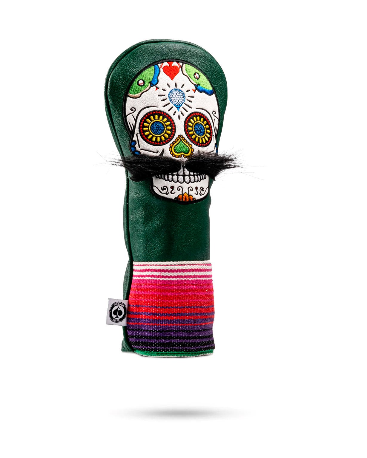 Bold green fairway cover featuring a colorful sugar skull design with a mustache, perfect for golfers wanting to stand out.