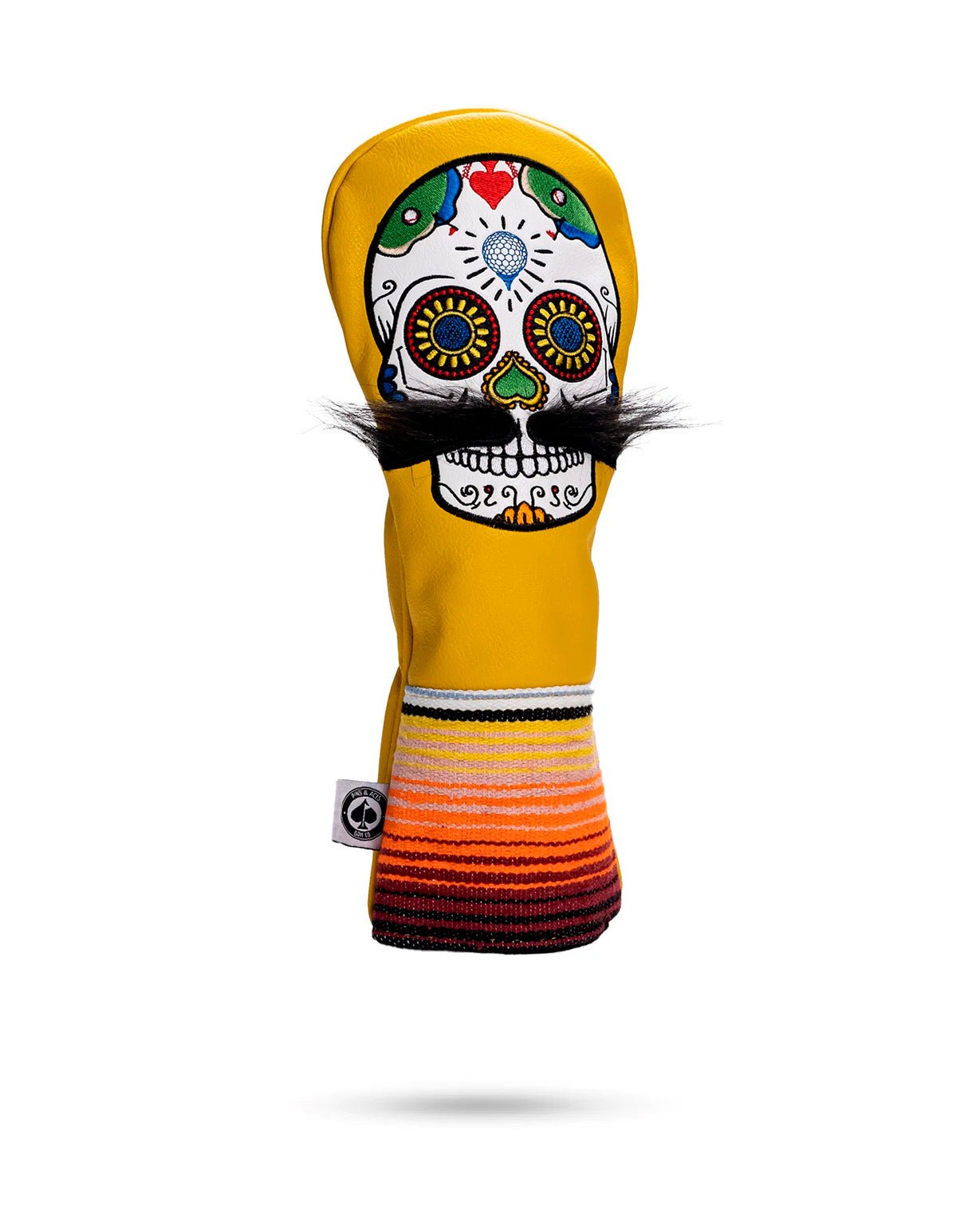 Bold yellow fairway cover featuring a colorful mustache sugar skull design, perfect for unique golf style on the course.