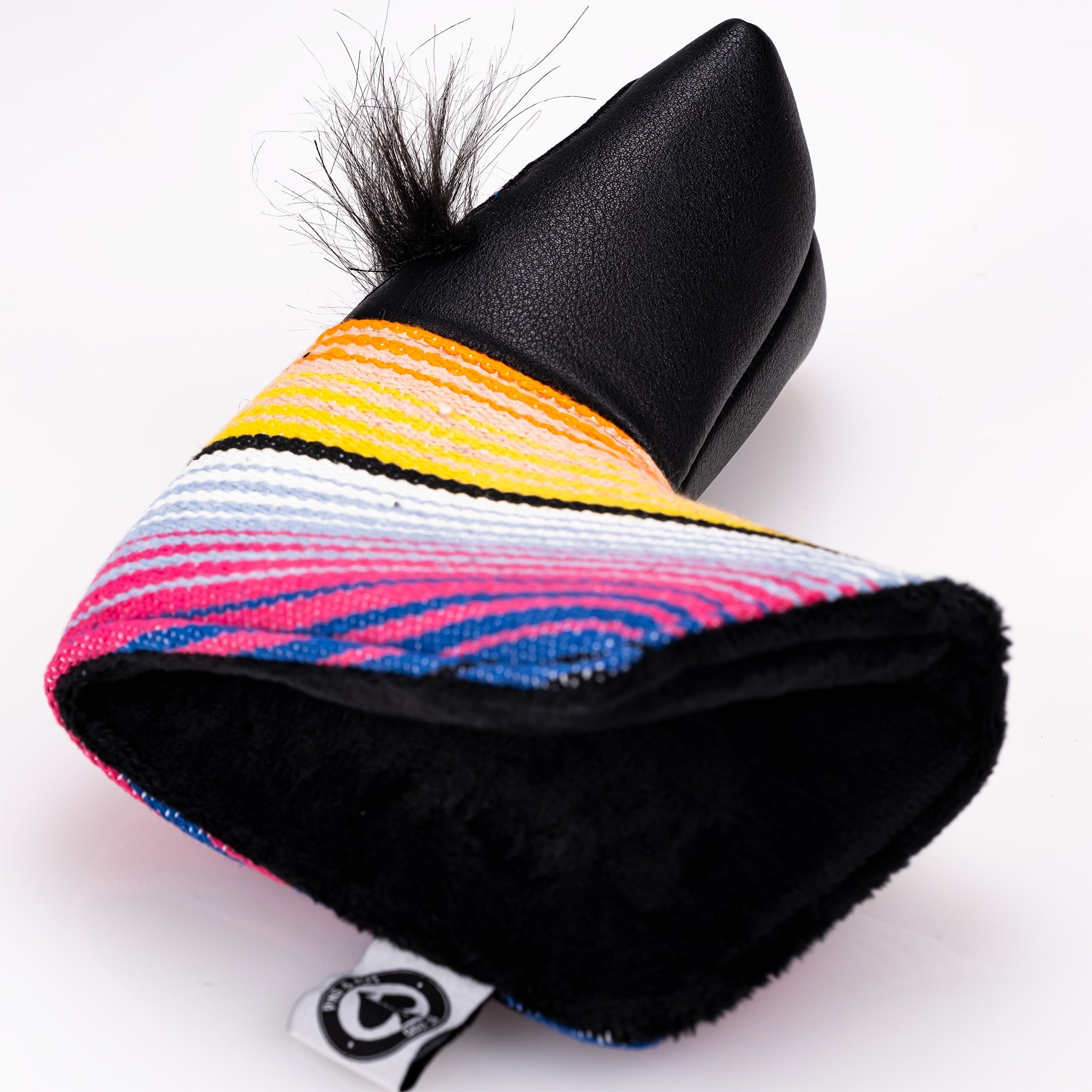 Bold black blade putter cover featuring a colorful mustache sugar skull design, perfect for unique golf style.