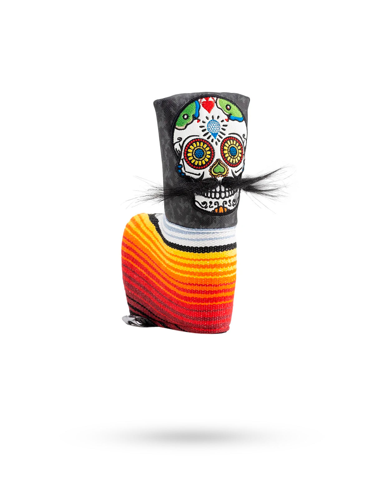 Gray camo putter cover featuring a colorful mustache sugar skull design, perfect for golfers wanting a unique style.