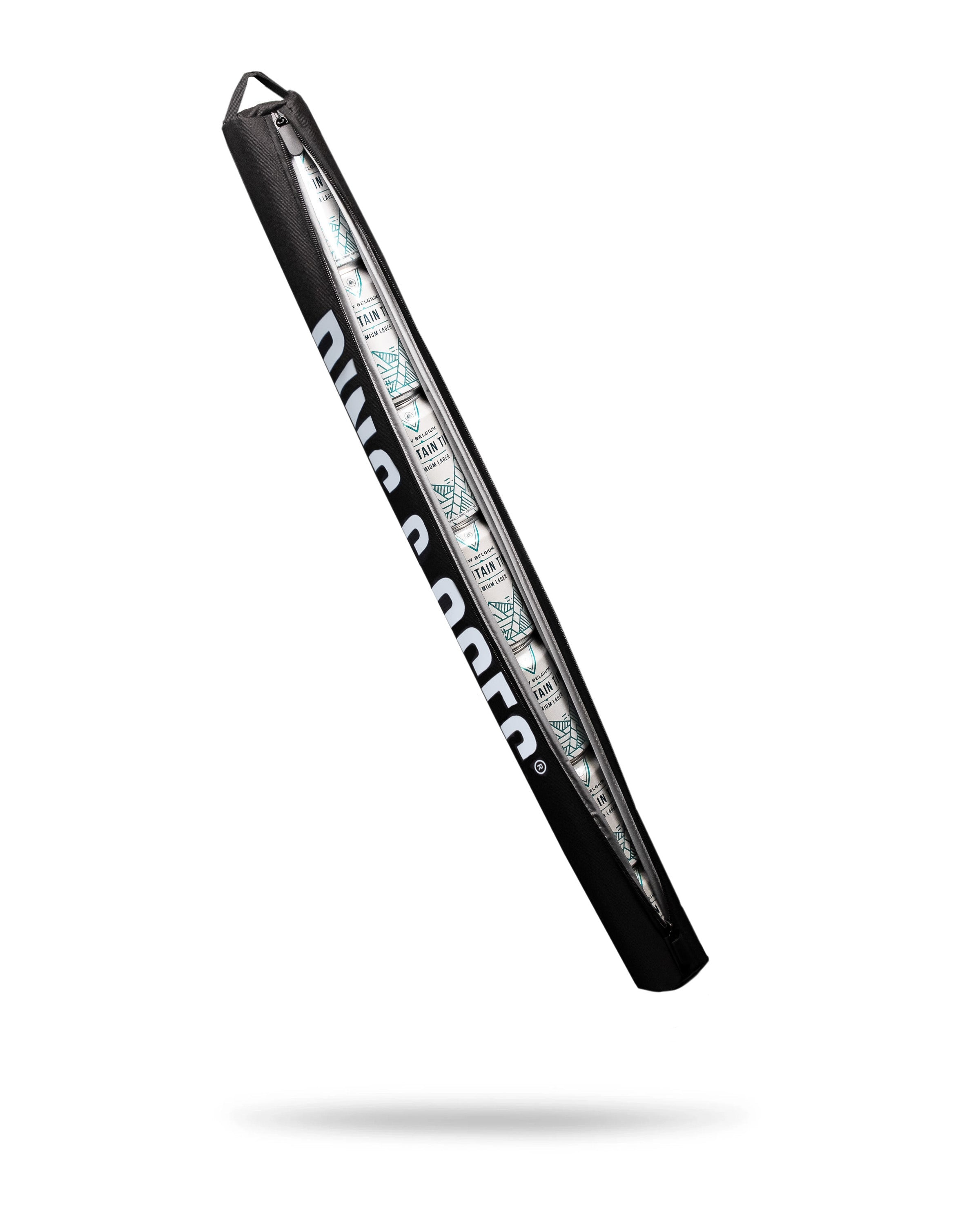 Black beer sleeve designed to hold multiple cans securely, featuring a sleek and stylish look for outdoor events.