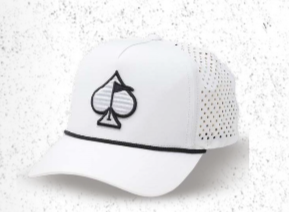 White perforated rope hat featuring a black spade logo, perfect for stylish golfers seeking comfort and breathability.