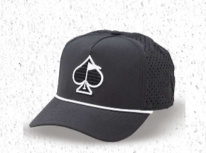 Black perforated rope hat featuring a white spade logo and a stylish design, perfect for golfers seeking a bold look.