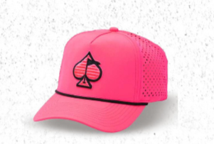 Highlighter pink perforated rope hat featuring a black spade logo and a contrasting black band, ideal for stylish golfers.
