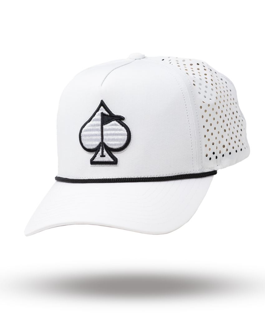 White perforated rope hat featuring a black spade logo and stylish design, perfect for bold golfers on the course.