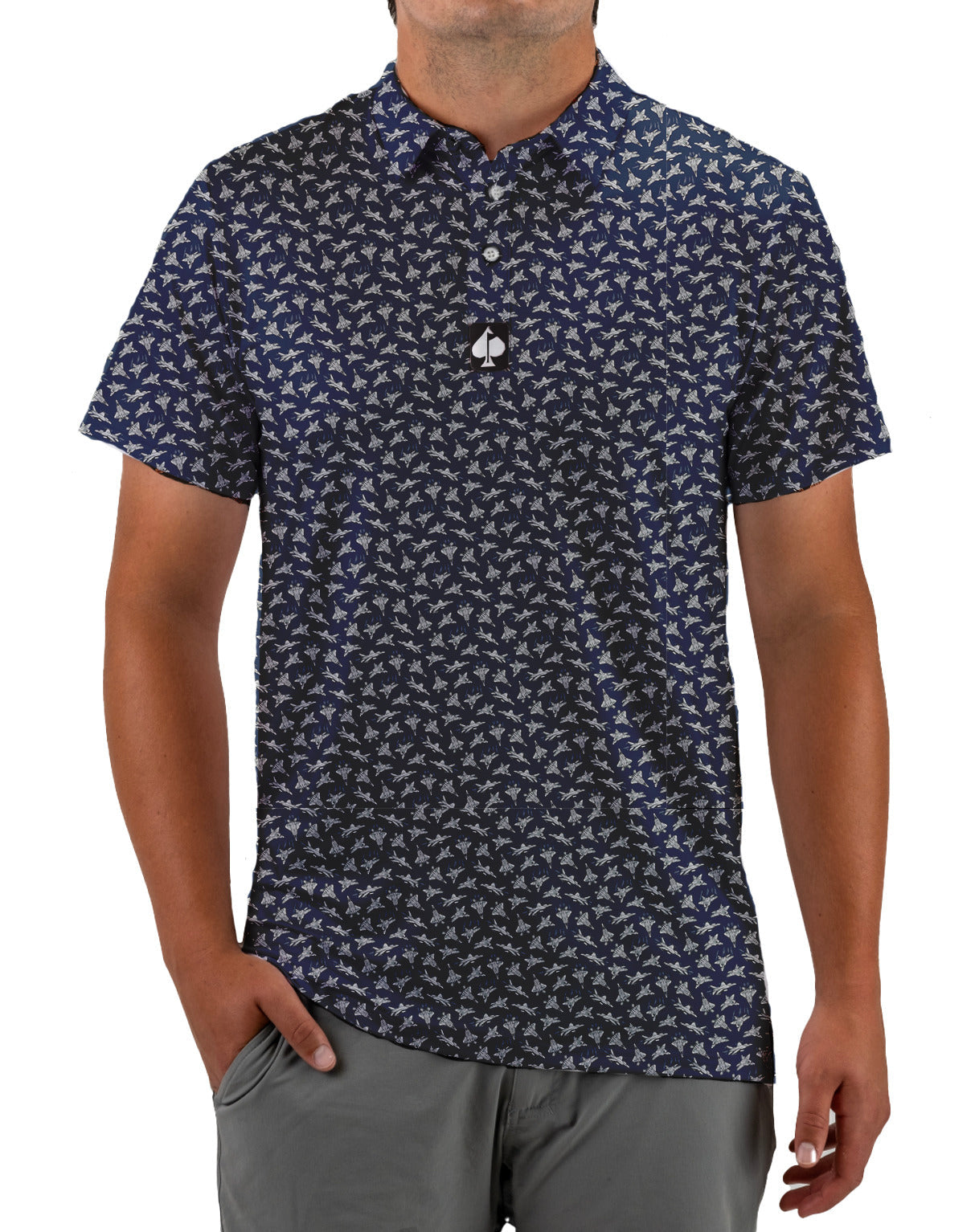 Men's short-sleeve golf shirt featuring a navy blue background with a unique bird pattern, perfect for stylish golfers.