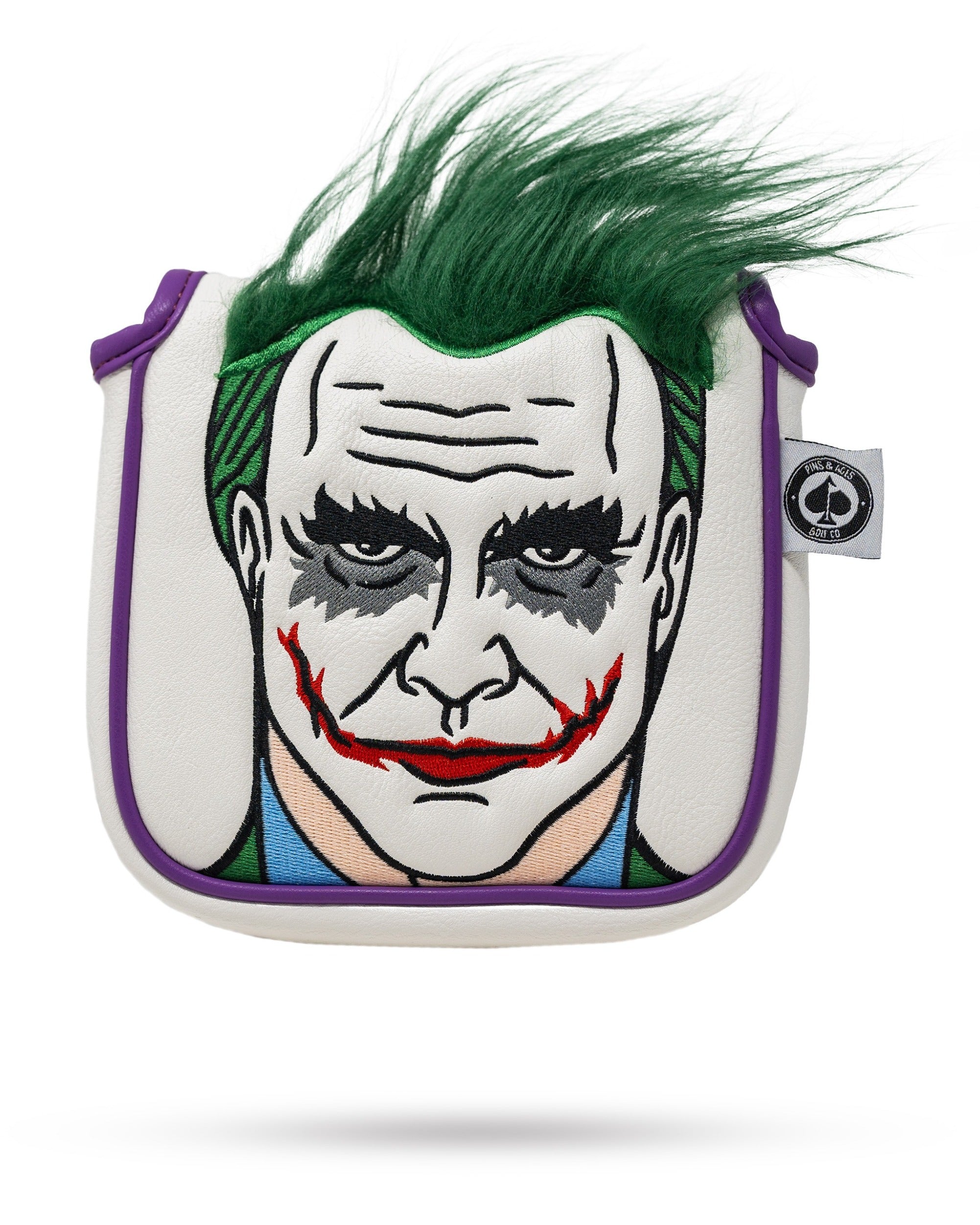 Joker mallet putter cover featuring a detailed design with green hair and vibrant colors, perfect for bold golfers.