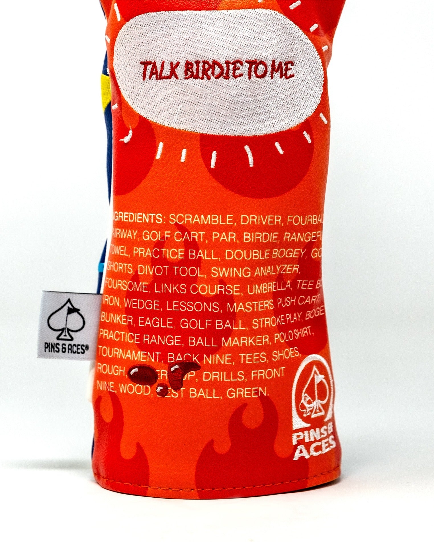 Bold golf headcover featuring a vibrant hot sauce design with playful text, perfect for adding flair to your golf game.