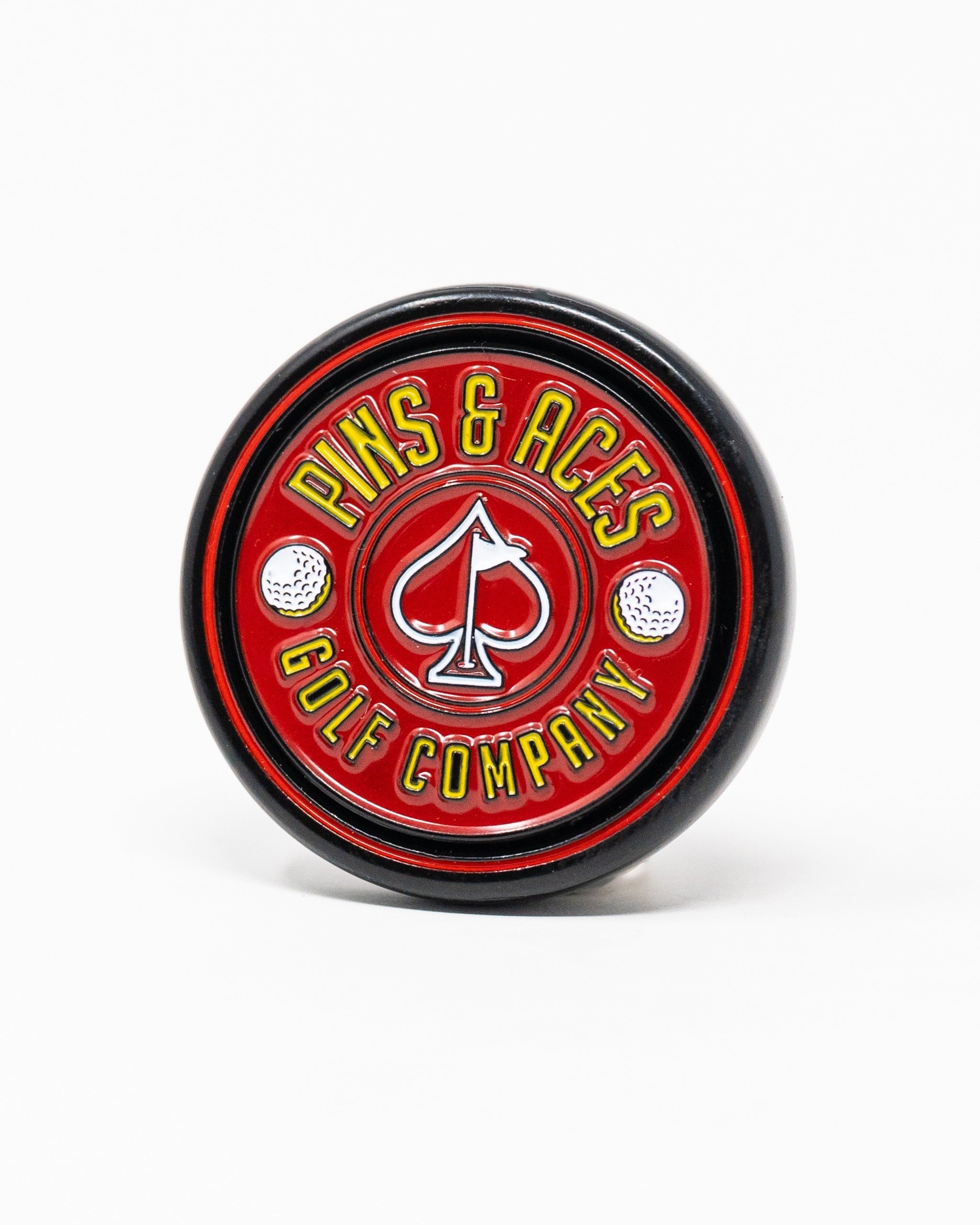 Red Pop Out Medallion Ball Marker featuring the Pins and Aces logo and golf-themed design for stylish on-course play.