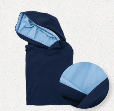 Navy performance golf hoodie featuring a light blue interior lining, designed for comfort and style on the course.