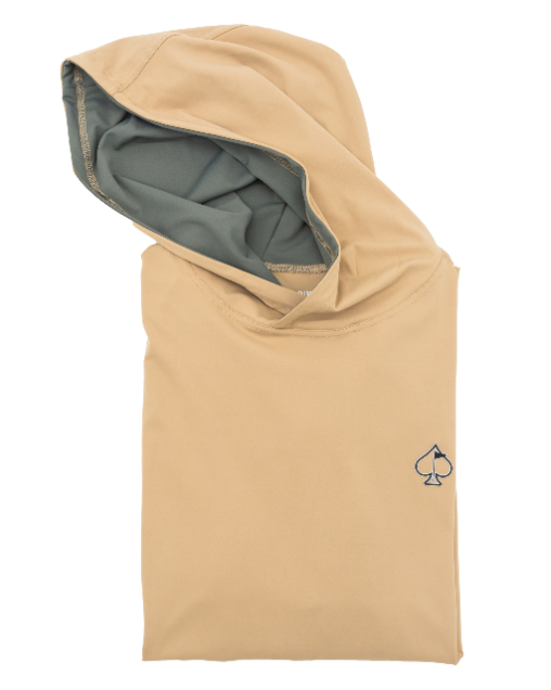 Performance golf hoodie in sand color, featuring a soft fabric and a stylish hood for comfort on the course.