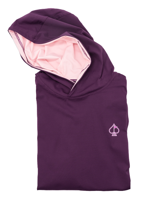 Performance golf hoodie in houndstooth raspberry featuring a stylish design and soft interior for comfort on the course.
