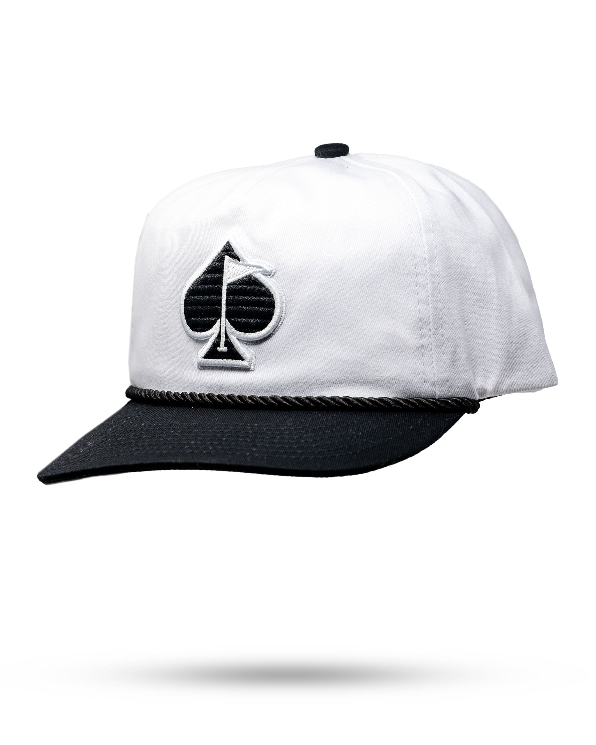 Heritage Rope Hat in white and black featuring a spade logo and a stylish rope detail on the brim.