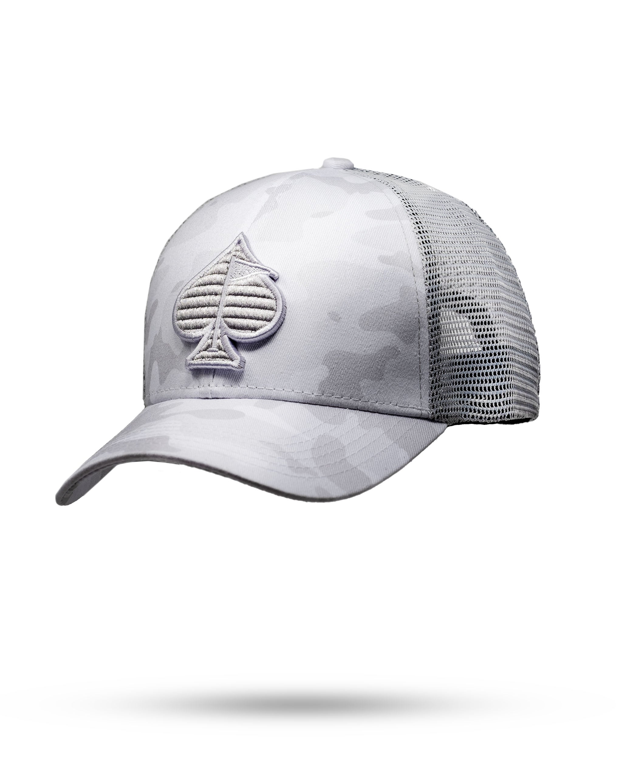 Trucker hat in Arctic Camo featuring a prominent embroidered spade logo and breathable mesh back for comfort.