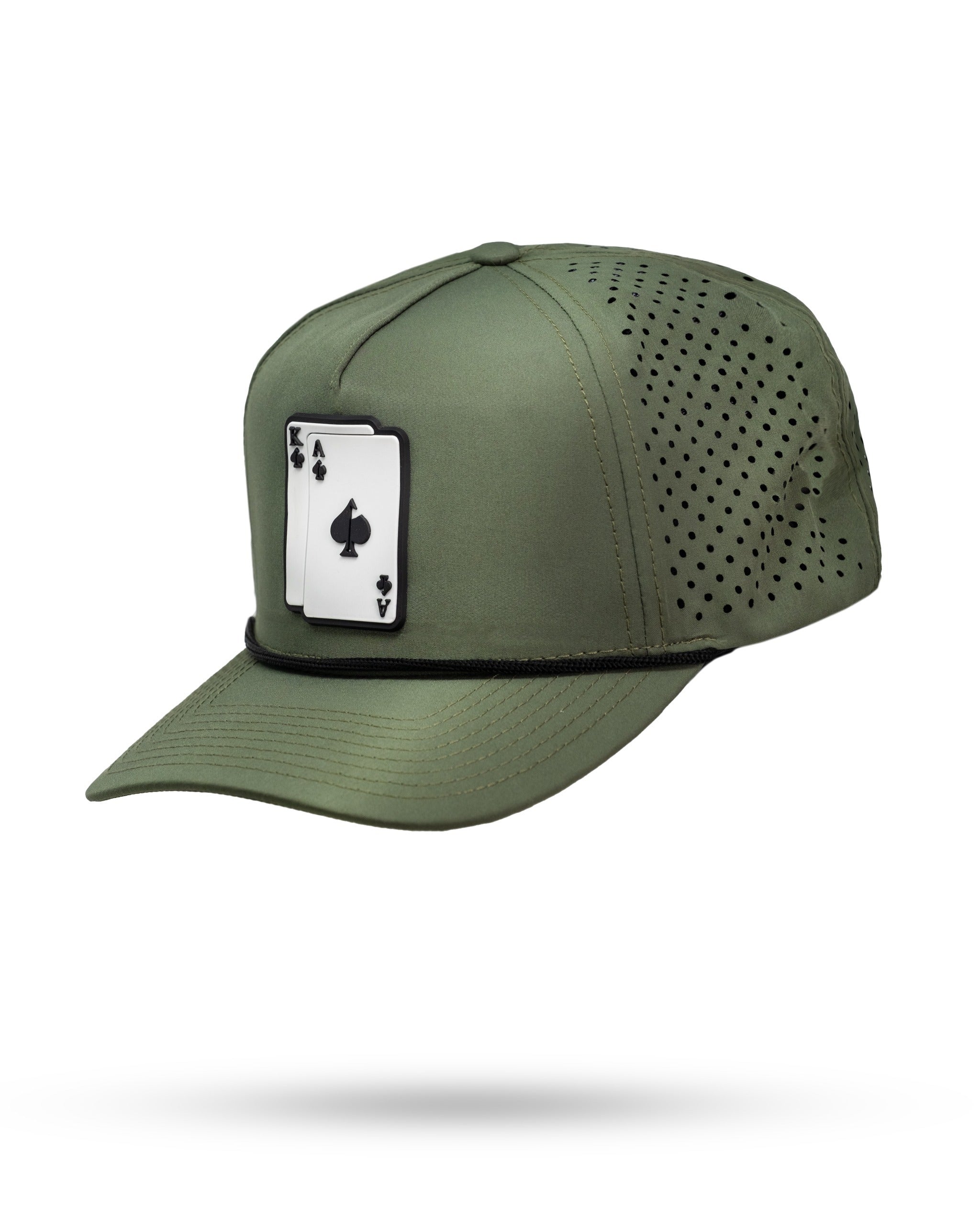 Olive perforated rope hat featuring a spade playing card design, perfect for stylish golfers on the course.