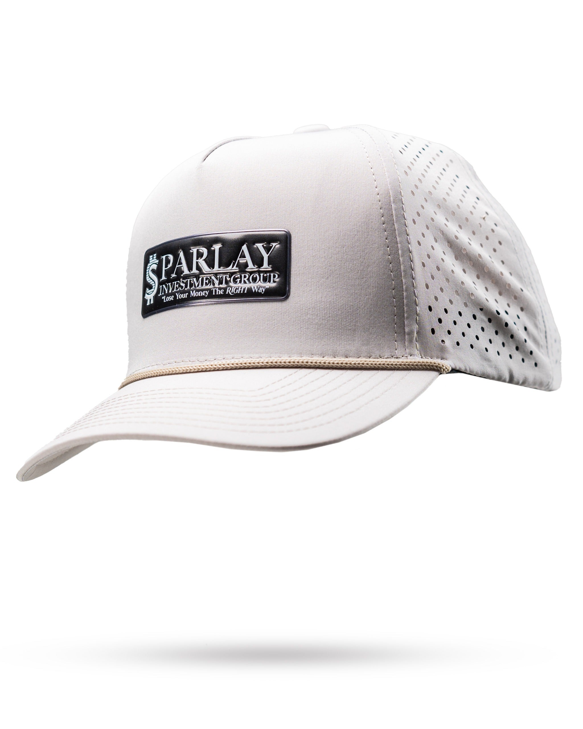 Bone-colored perforated rope hat featuring a bold Parlay Investment Group logo, designed for stylish golfers.