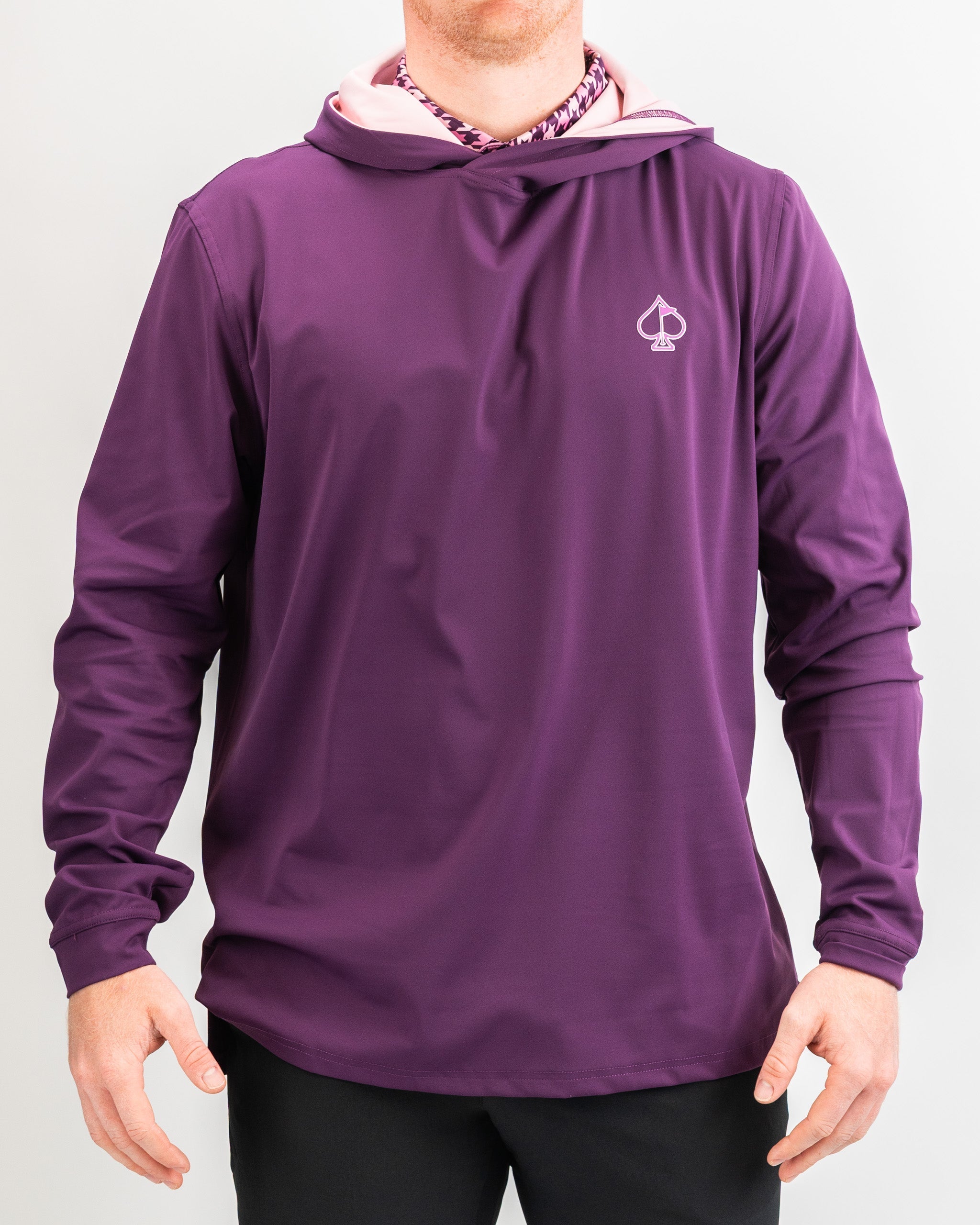 Men's performance golf hoodie in houndstooth raspberry, featuring a stylish design and lightweight, moisture-wicking fabric.