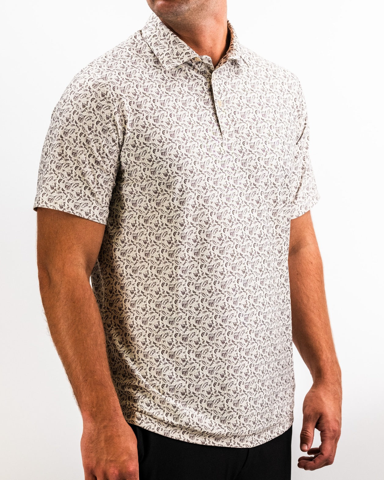 Men's Player Preferred Polo featuring an old-fashioned print, designed for golfers seeking style and comfort on the course.
