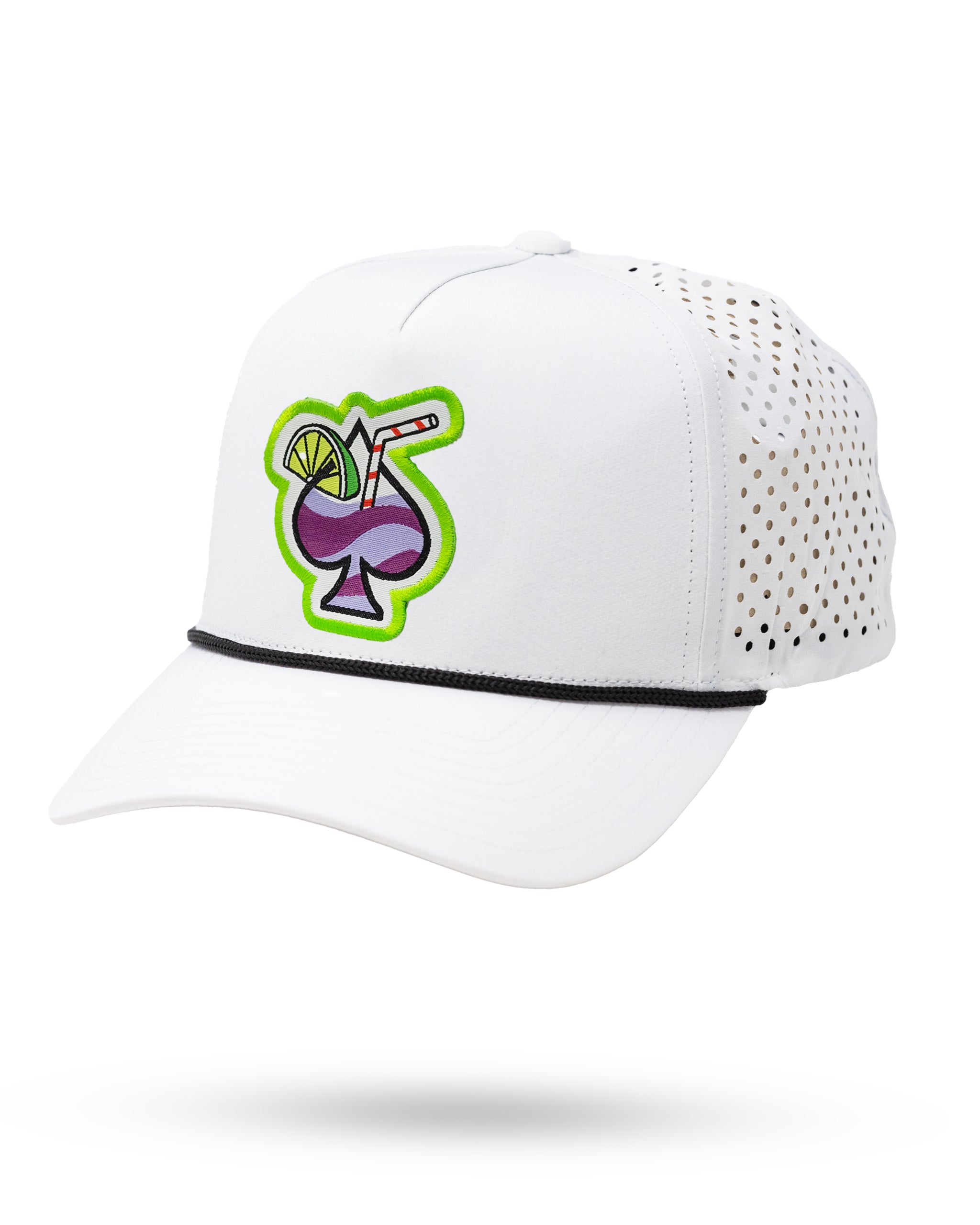 White perforated rope hat featuring a colorful cocktail graphic, perfect for stylish golfers seeking unique accessories.