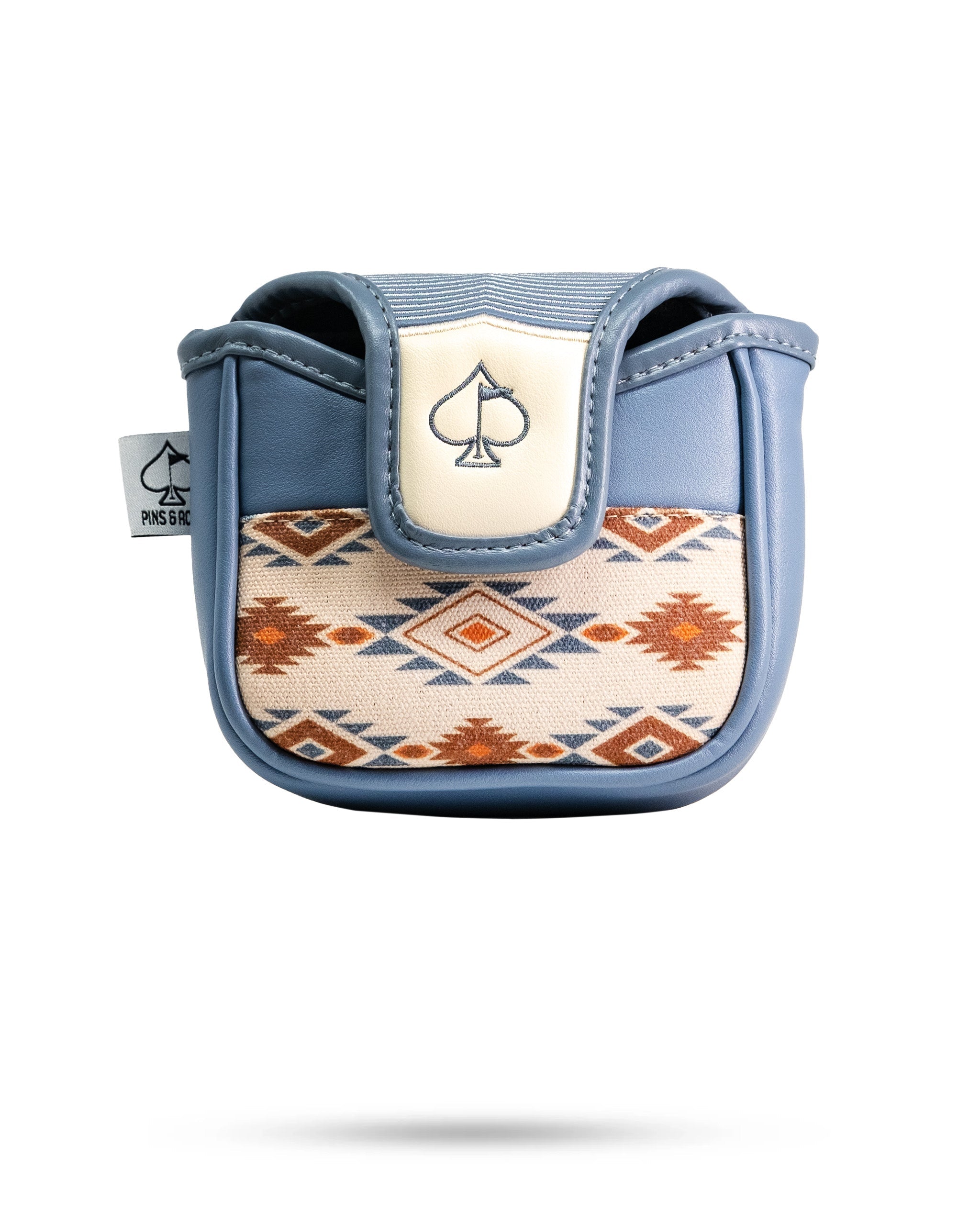 Western aesthetic mallet putter cover featuring a patterned design in earthy tones and a sleek blue finish.