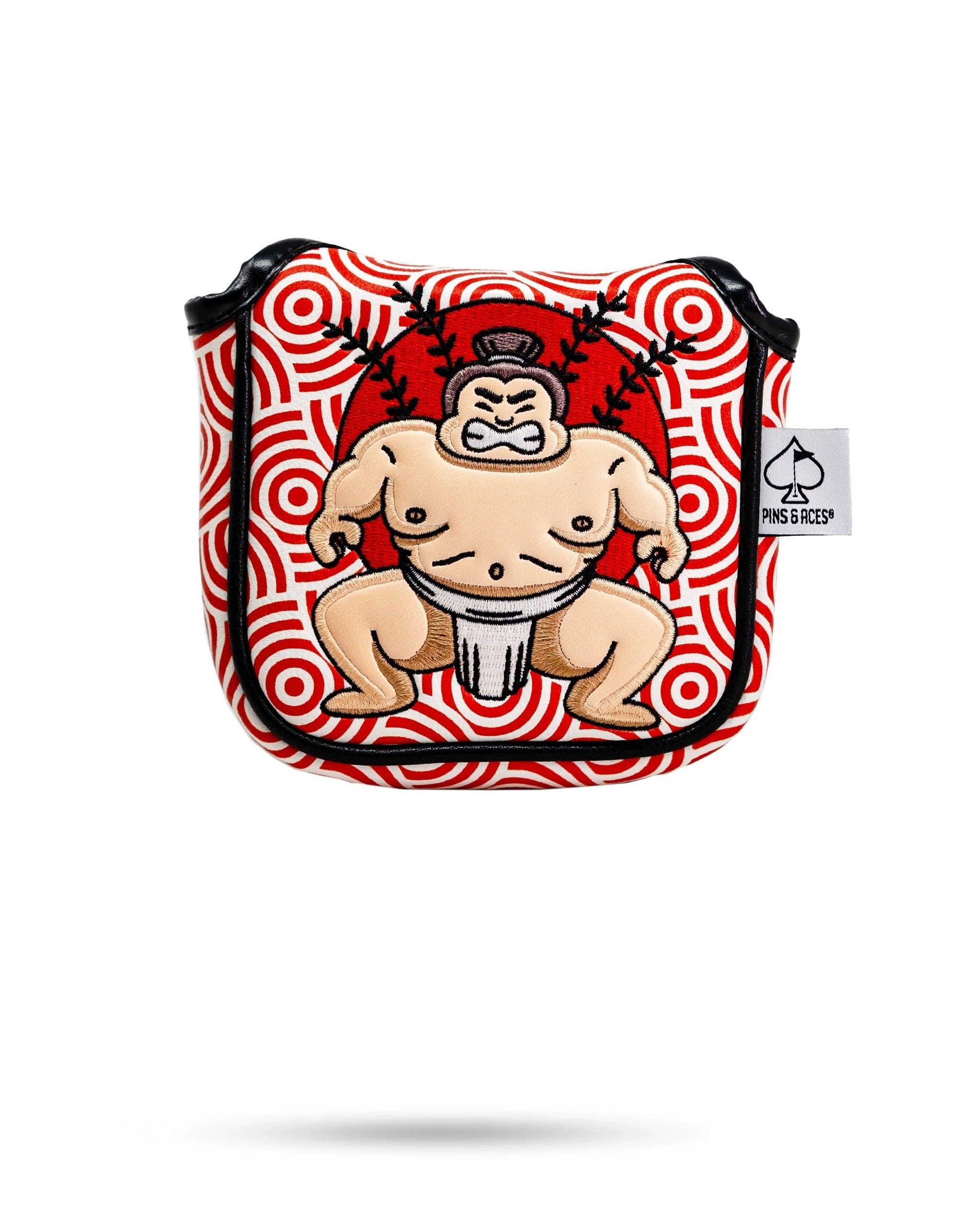 Bold Sumo mallet putter cover featuring a colorful sumo wrestler design on a red and white spiral background.