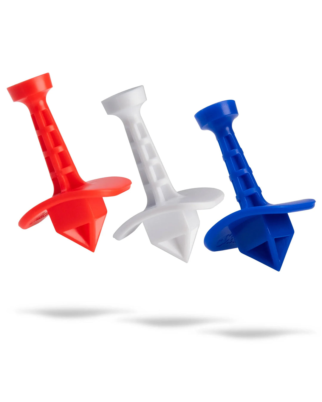 Three Shottee golf tees in red, white, and blue, featuring a unique design for improved performance on the golf course.