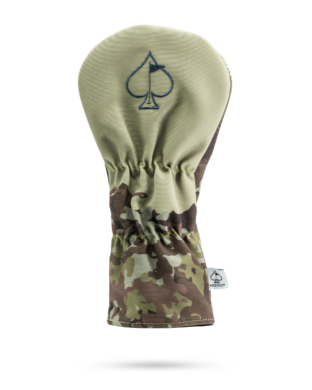 Camouflage driver cover featuring a moose design and a spade logo, perfect for golfers seeking unique style on the course.