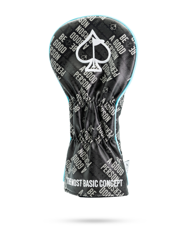 Bold black driver cover featuring the phrase "Be A Good Person" in a stylish pattern, perfect for standout golf gear.