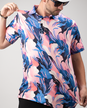 Bold golf polo featuring a melting floral design in vibrant pink, blue, and black hues, perfect for stylish golfers.