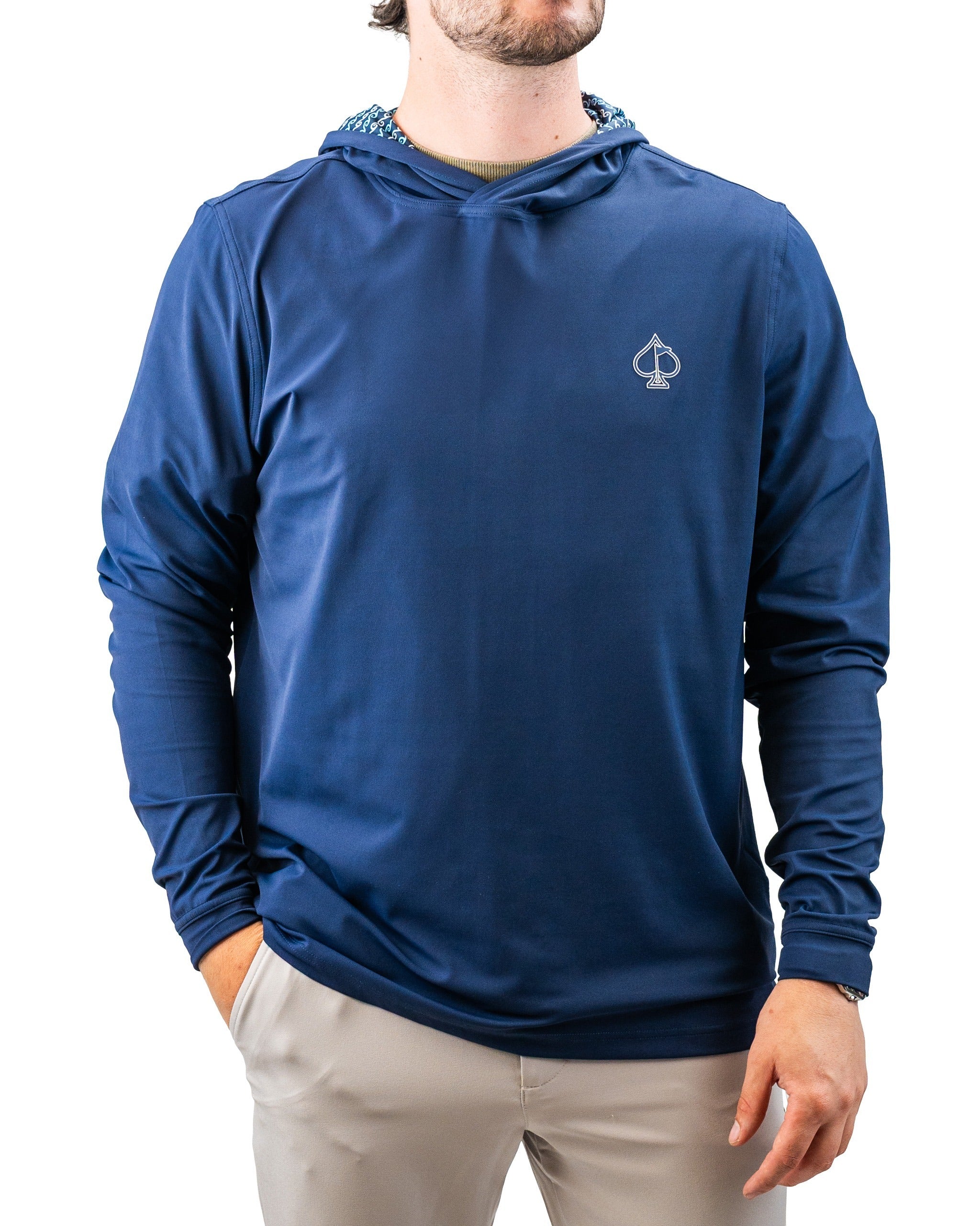 Men's navy blue golf hoodie with a small spade logo, lightweight, sporty, and perfect for standing out on the course.