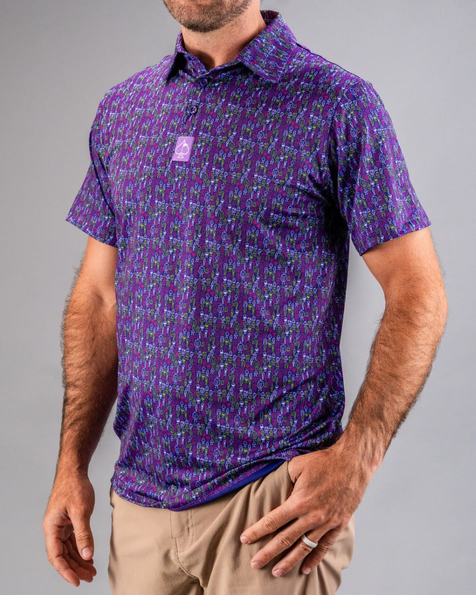 Men's purple golf shirt with a colorful, bold pattern of small golf clubs, perfect for standing out on the course.
