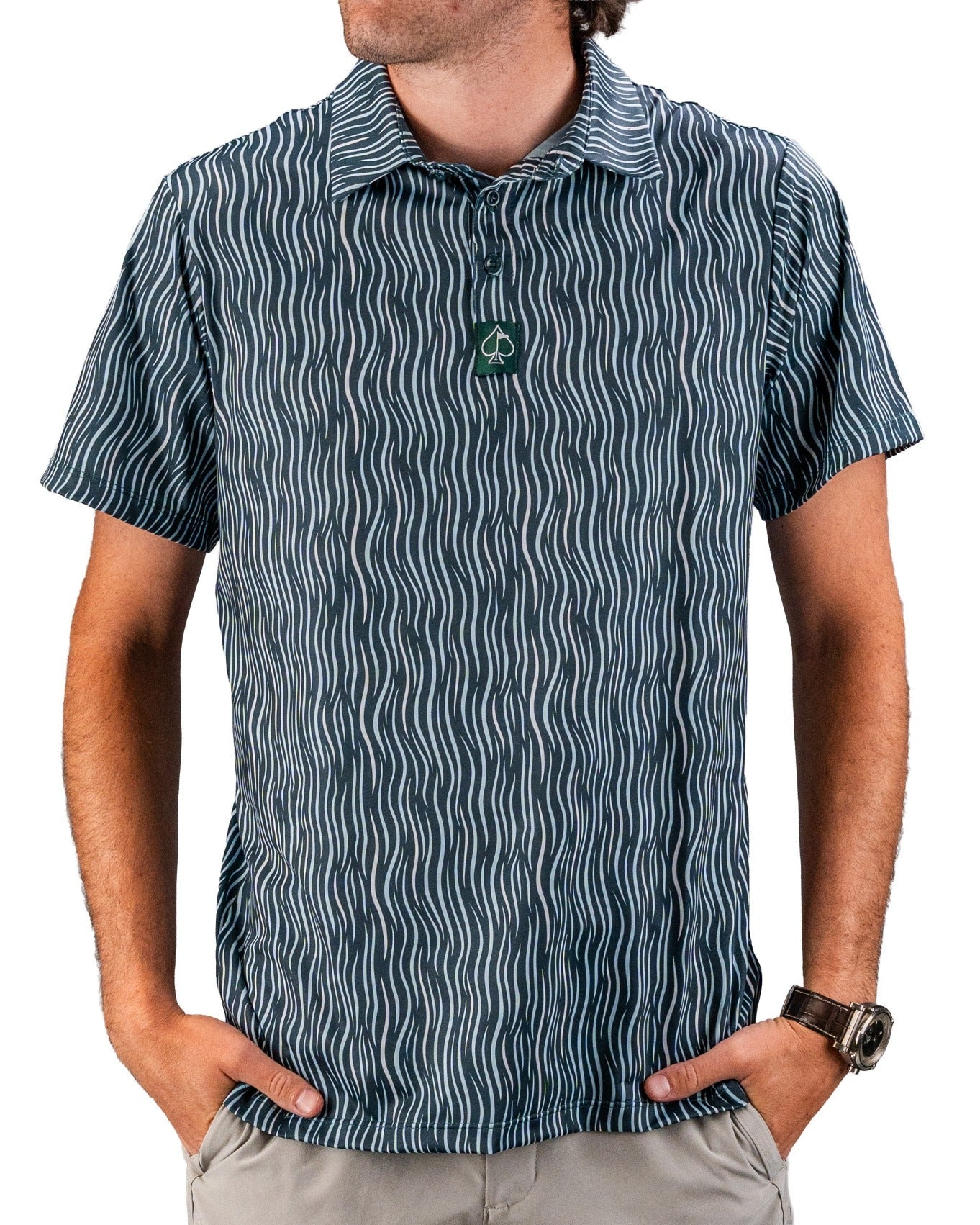 Men's blue and white striped golf polo with a small green spade logo, short sleeves, and a classic collar.