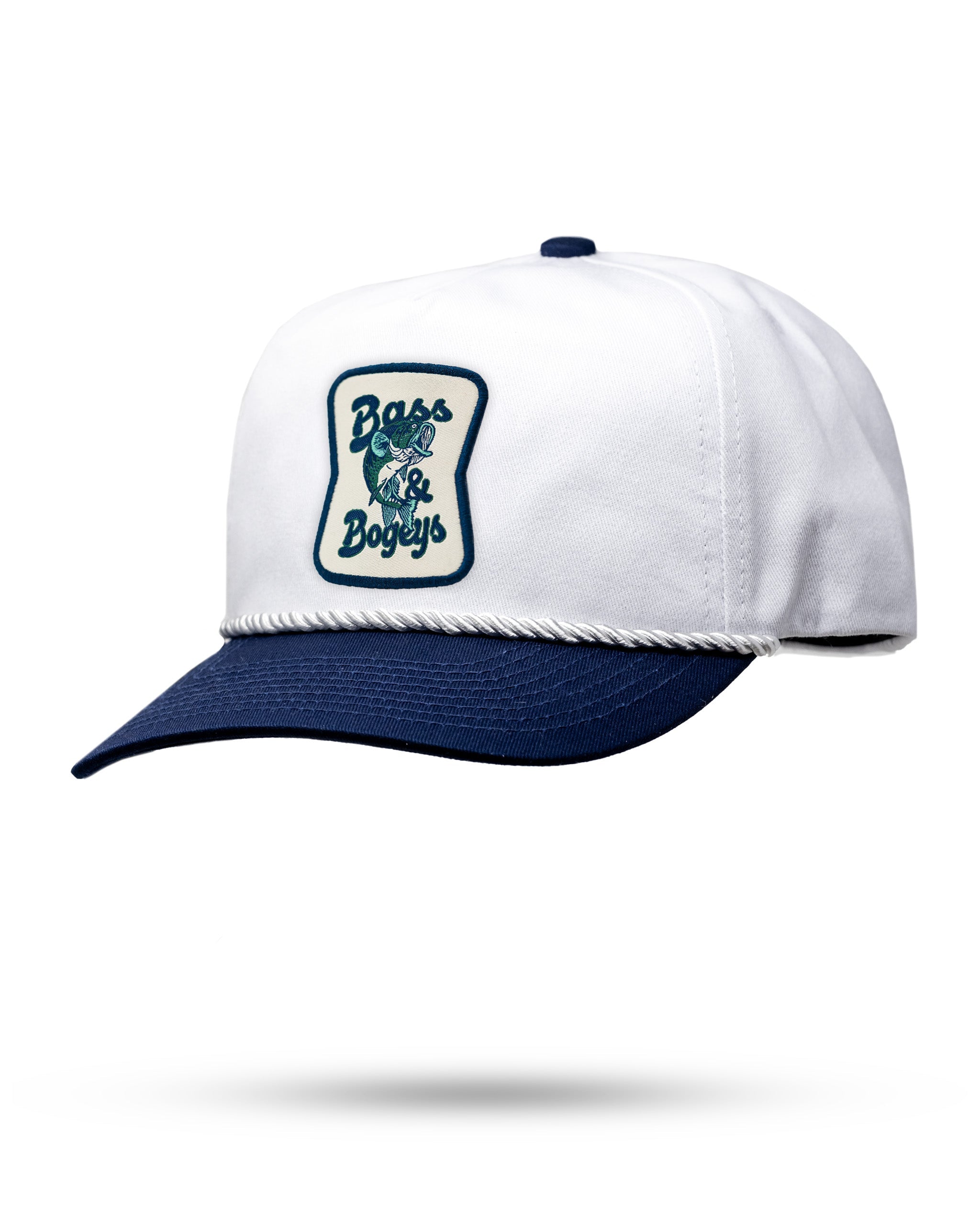 Heritage Rope Hat in white and navy featuring "Bass and Bogeys" embroidered logo, perfect for stylish golfers.