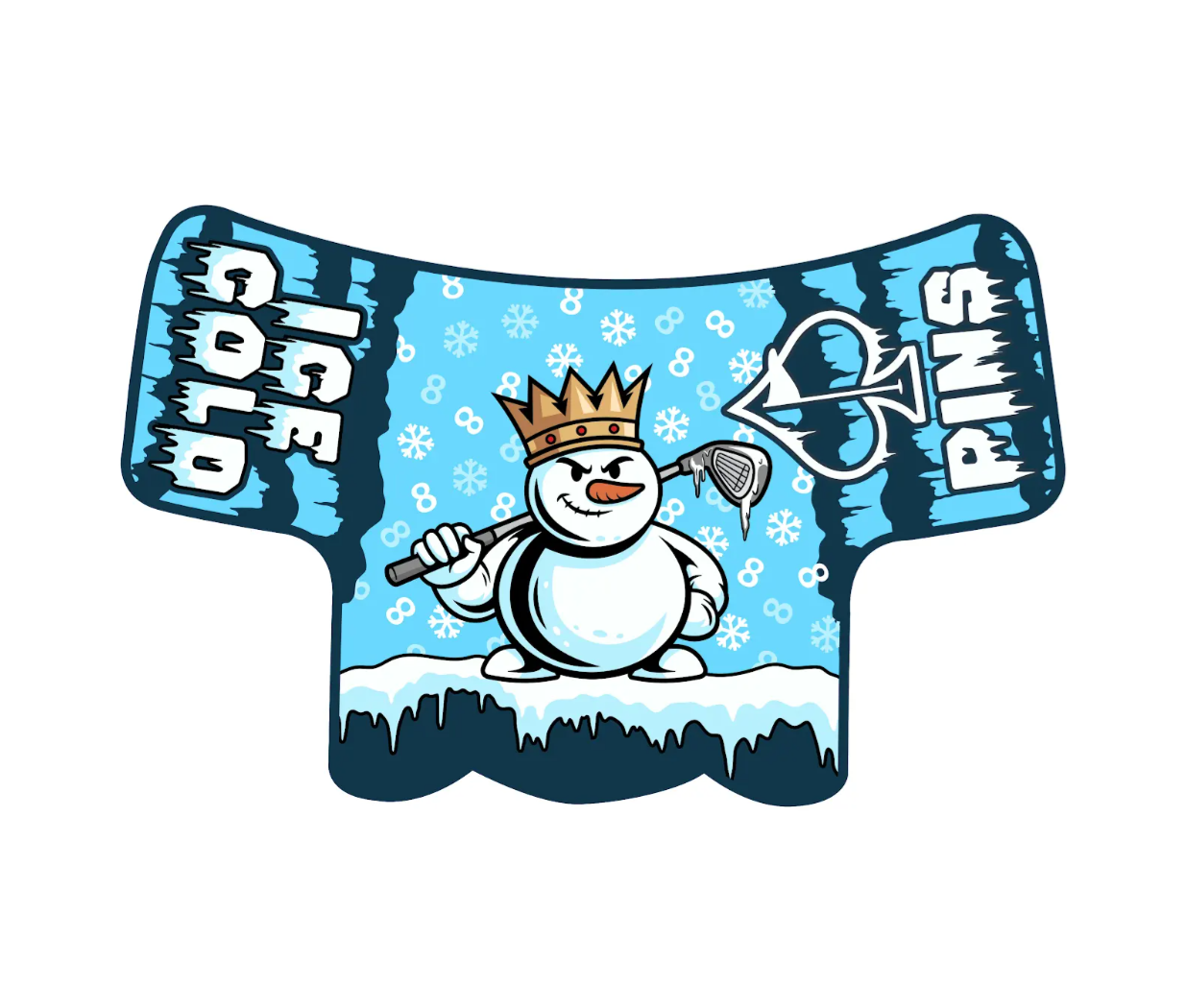 Snowman blade putter cover featuring a crowned snowman holding a golf club against a blue snowy background.