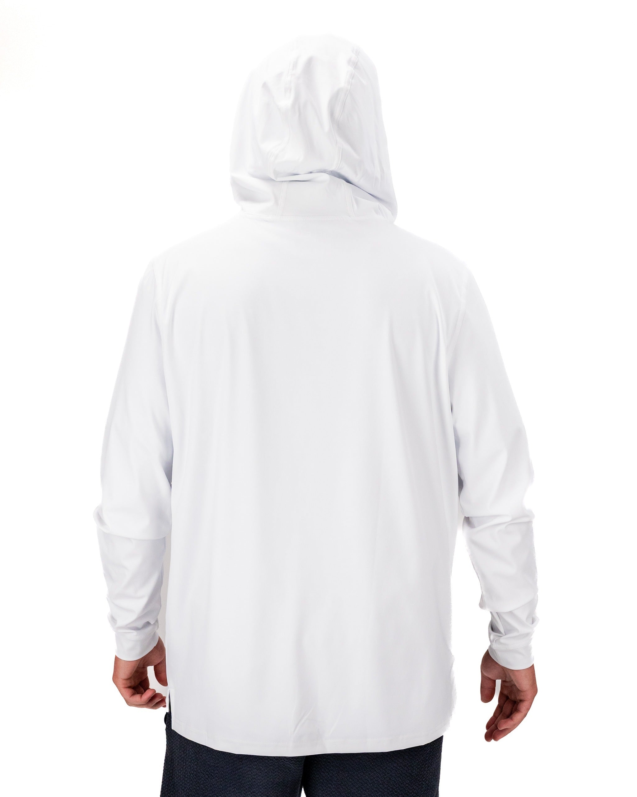 Men's performance golf hoodie in blue splatter design, showcasing a sleek back view with a hood for added style.