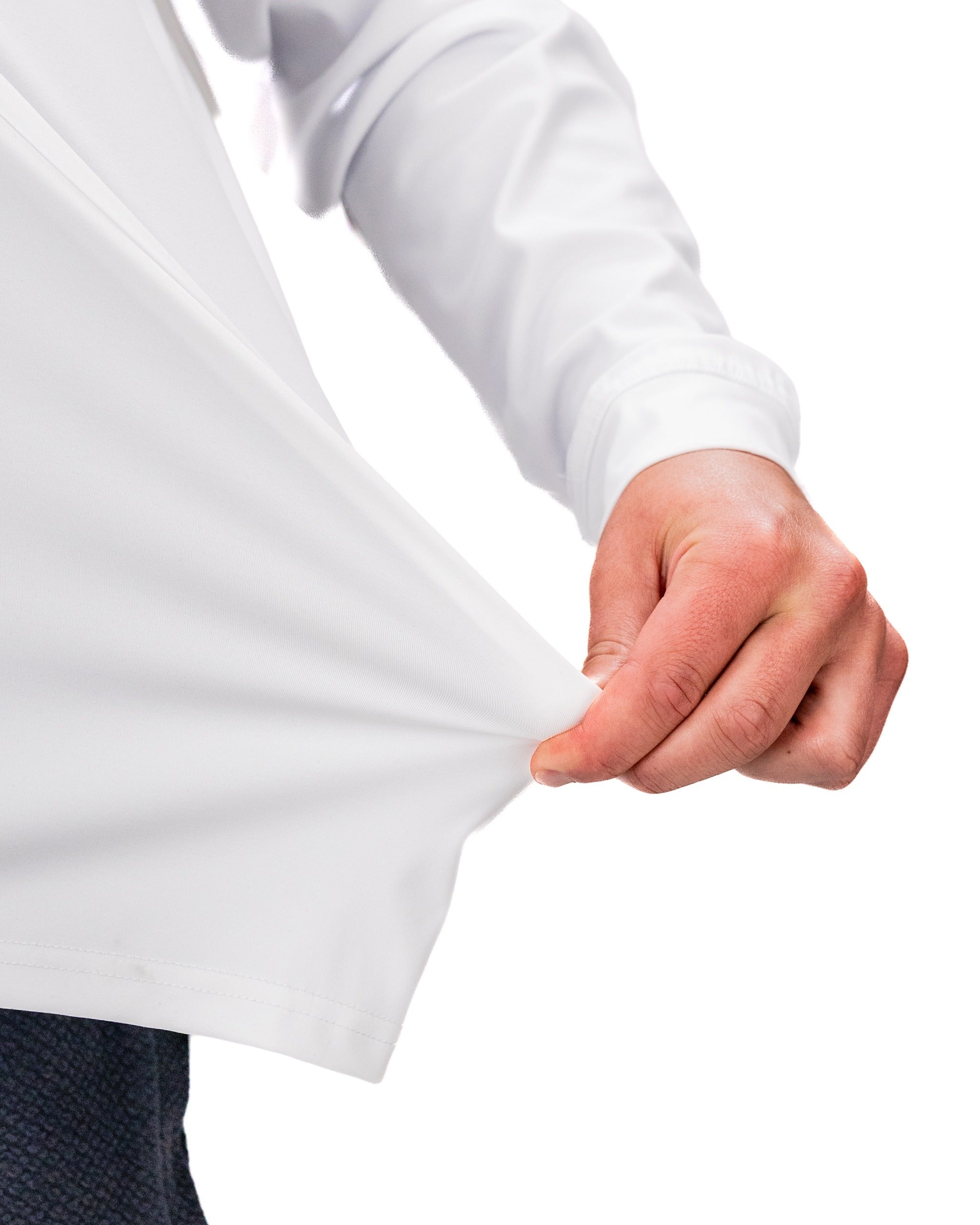 Performance Golf Hoodie in blue splatter design, showcasing a hand pulling the fabric to highlight its stretch and comfort.