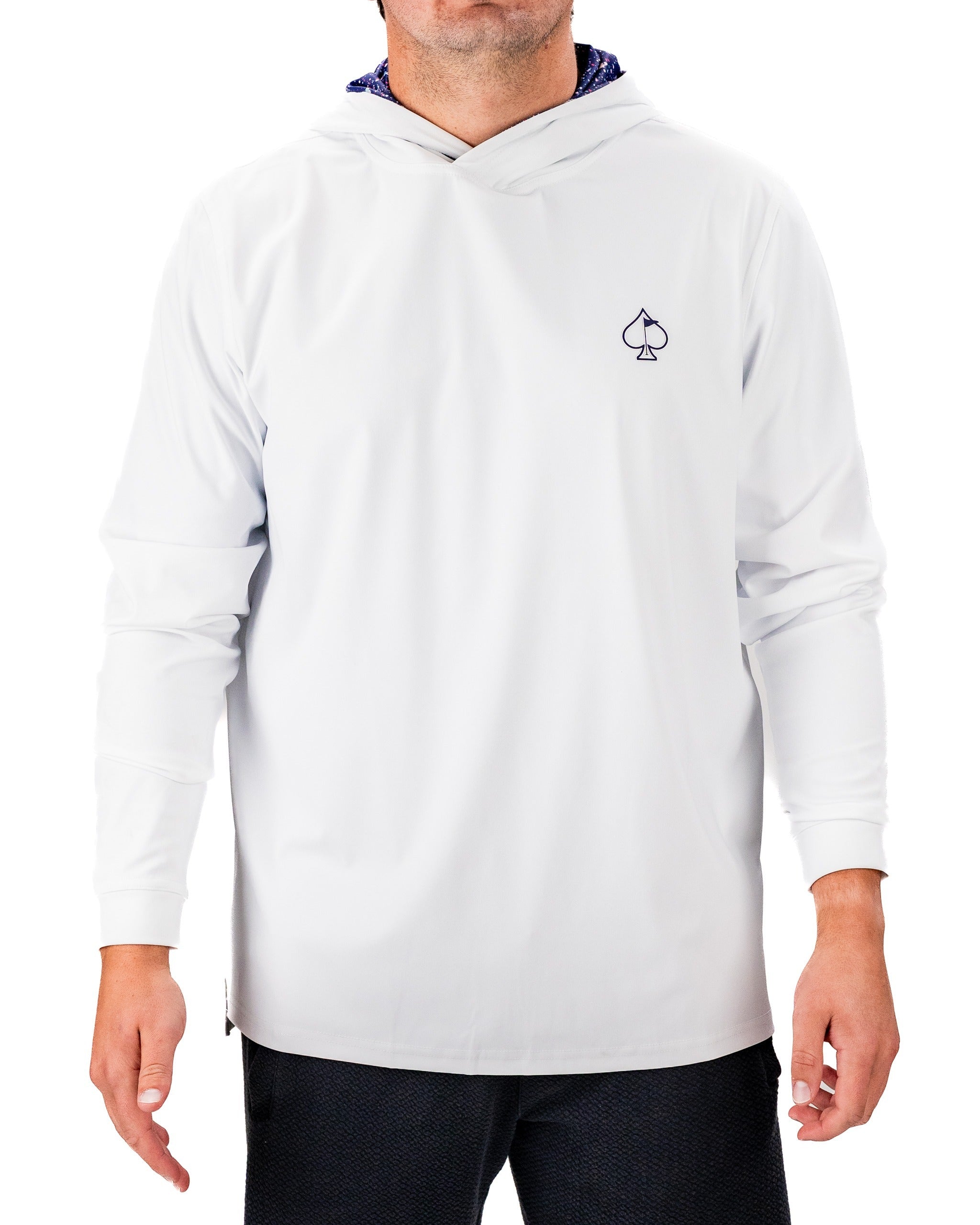 Men's performance golf hoodie in blue splatter design, featuring a stylish hood and spade logo for a bold look on the course.