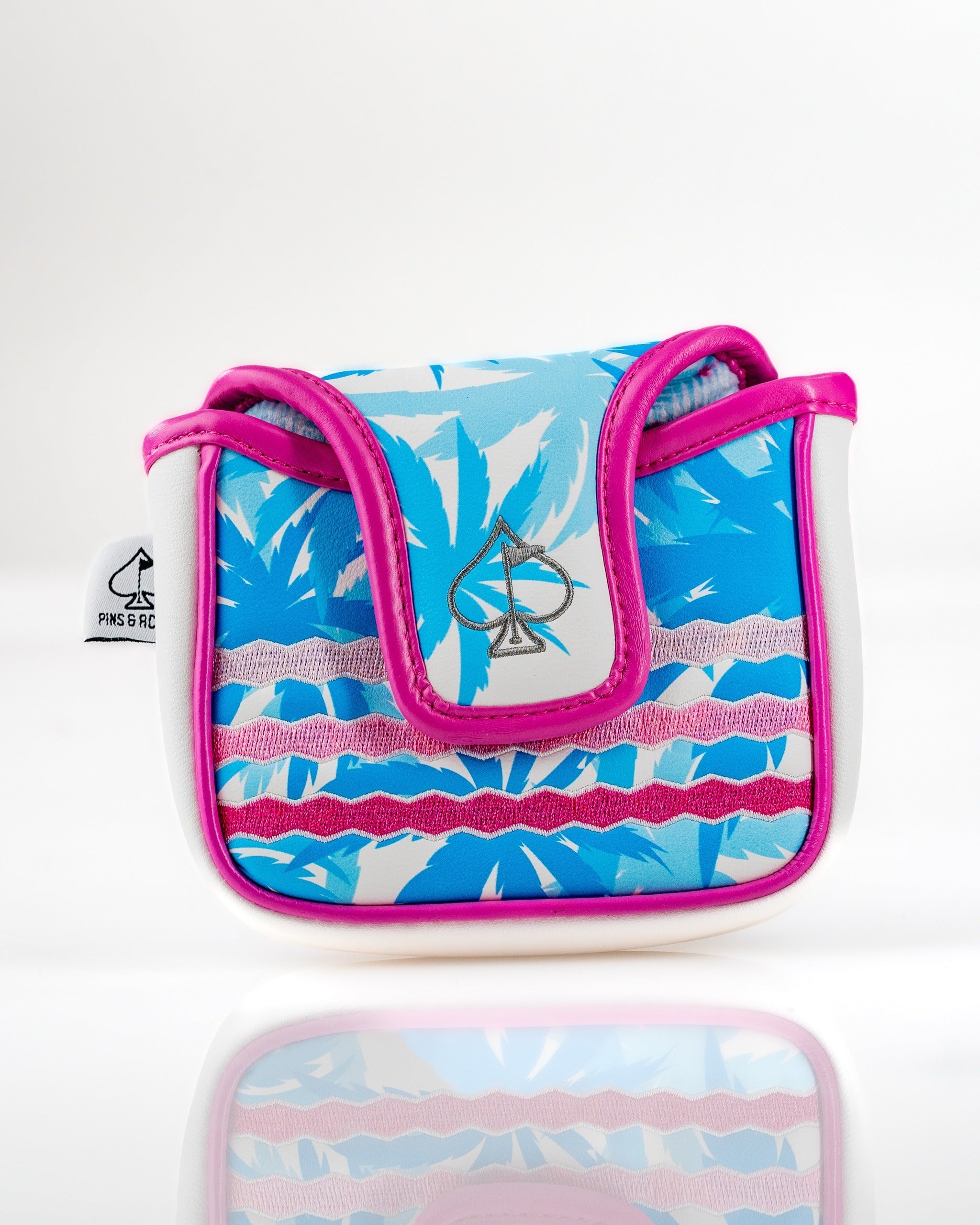 Vibrant flamingo-themed mallet putter cover with blue and pink tropical design, perfect for stylish golfers.