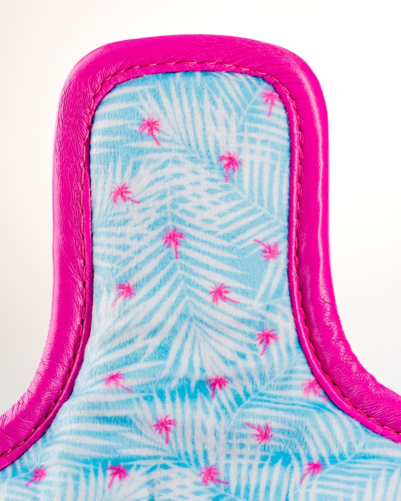 Vibrant flamingo-themed mallet putter cover featuring a blue palm leaf pattern and pink accents for stylish golf play.